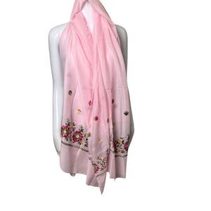 Pink Floral Embroidered Scarf Wrap Lightweight Shawl Feminine Semi Sheer 74x26in